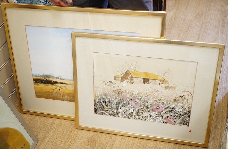Paul Evans (b.1950), Meadow before derelict farm buildings and one other, each signed, two watercolour and gouaches, largest 41 x 56cm